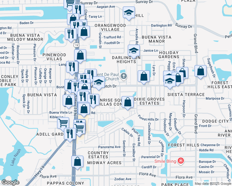 map of restaurants, bars, coffee shops, grocery stores, and more near 4834 Briar Hill Court in Holiday