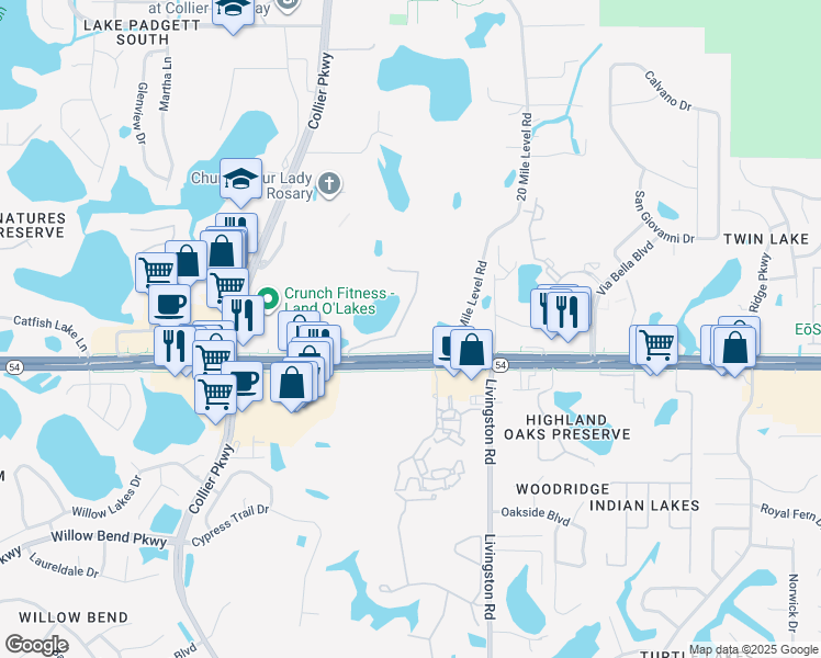 map of restaurants, bars, coffee shops, grocery stores, and more near 2052 Park Crescent Drive in Land O' Lakes
