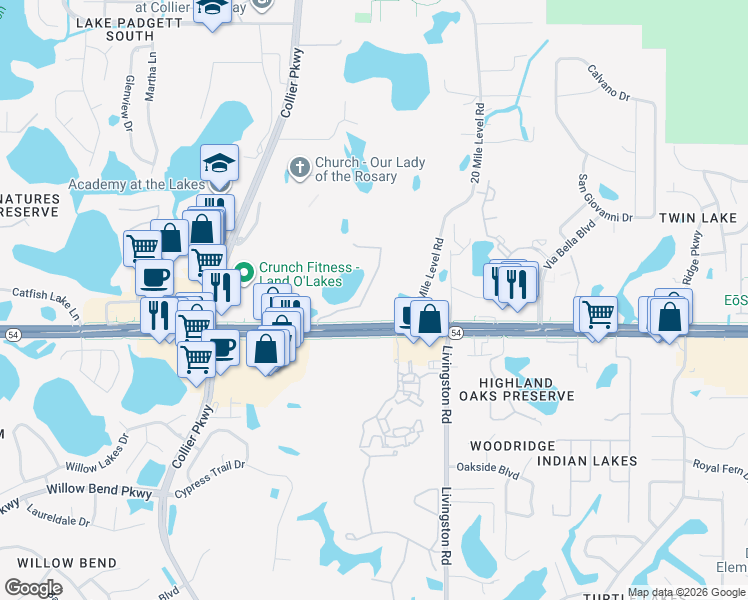map of restaurants, bars, coffee shops, grocery stores, and more near 2044 Park Crescent Drive in Land O' Lakes