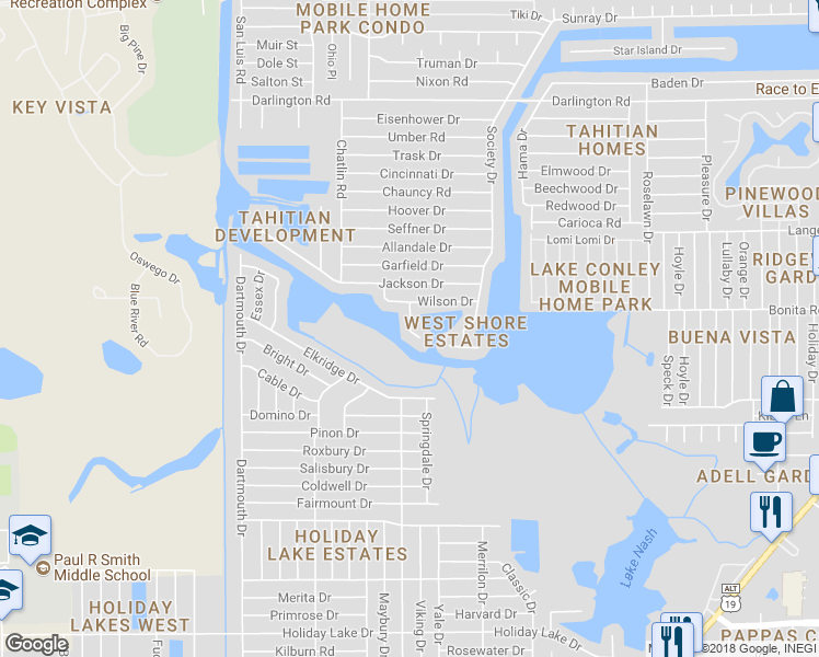 map of restaurants, bars, coffee shops, grocery stores, and more near 1948 Coolidge Road in Holiday