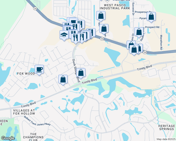 map of restaurants, bars, coffee shops, grocery stores, and more near 2154 Duck Slough Boulevard in Trinity