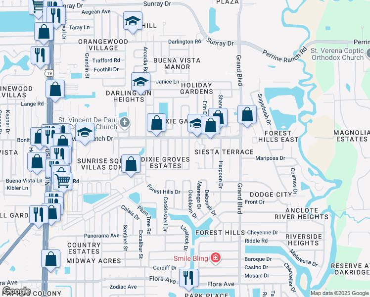 map of restaurants, bars, coffee shops, grocery stores, and more near 1901 Sparkle Lane in Holiday