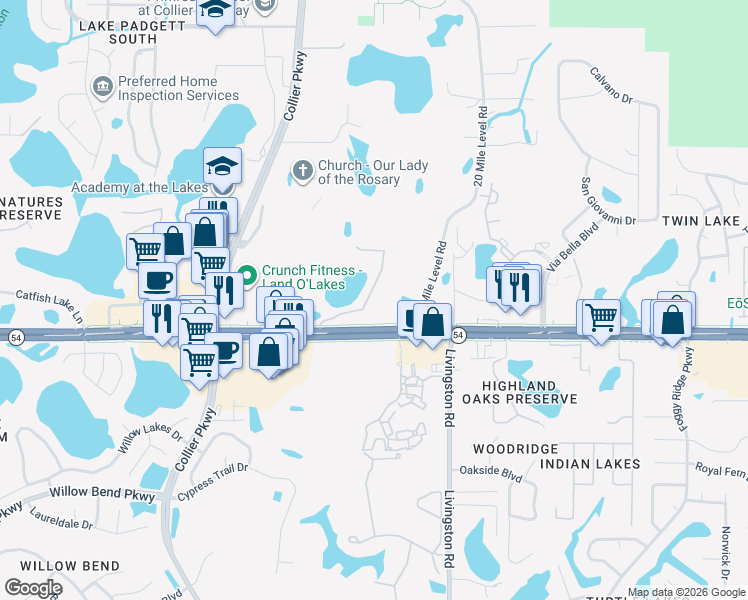 map of restaurants, bars, coffee shops, grocery stores, and more near 2054 Park Crescent Drive in Land O' Lakes