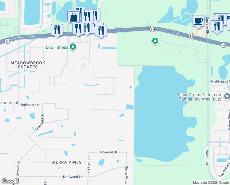 map of restaurants, bars, coffee shops, grocery stores, and more near 2058 Stellar Brilliance Way in Lutz