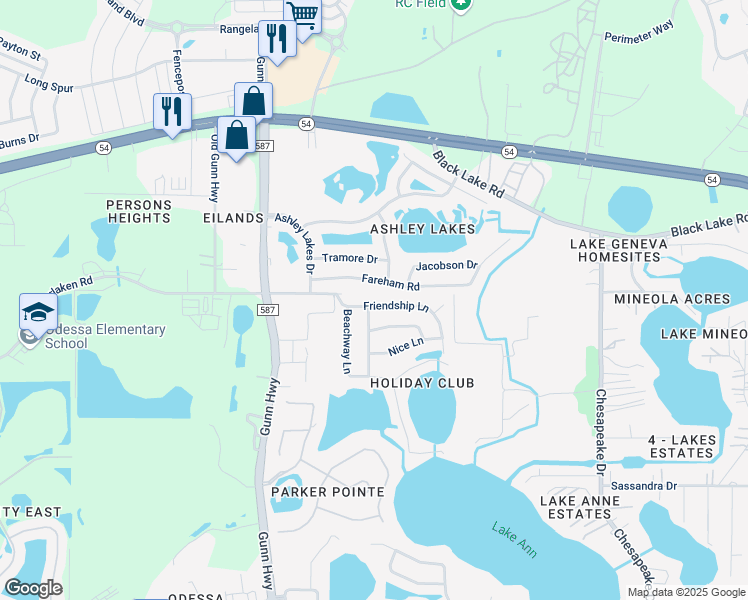 map of restaurants, bars, coffee shops, grocery stores, and more near 13810 Fareham Road in Odessa