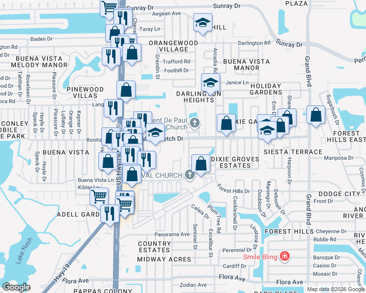 map of restaurants, bars, coffee shops, grocery stores, and more near 4824 Mile Stretch Drive in Holiday