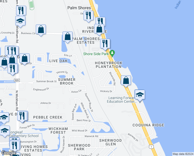 map of restaurants, bars, coffee shops, grocery stores, and more near 2375 Hickory Creek Road in Melbourne