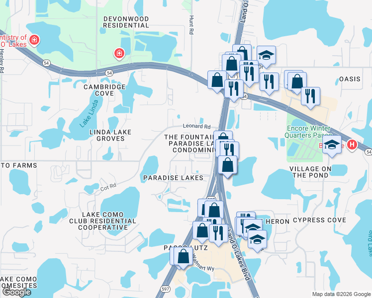 map of restaurants, bars, coffee shops, grocery stores, and more near 2081 Vista Del Sol Circle in Lutz