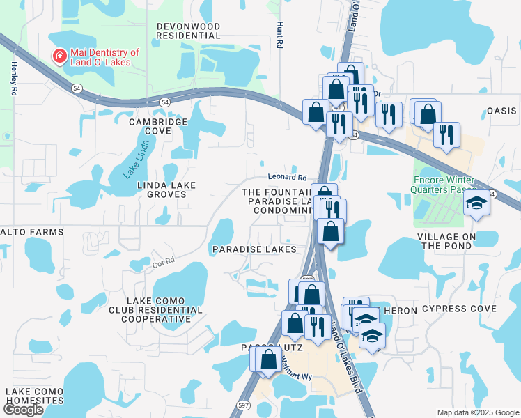 map of restaurants, bars, coffee shops, grocery stores, and more near 2081 Vista Del Sol Circle in Lutz