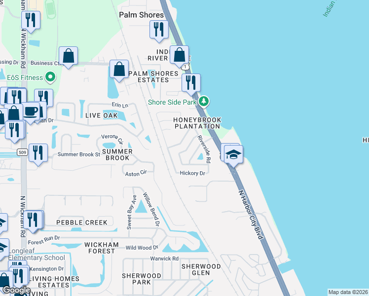 map of restaurants, bars, coffee shops, grocery stores, and more near 2390 Honeybrook Creek Drive in Melbourne