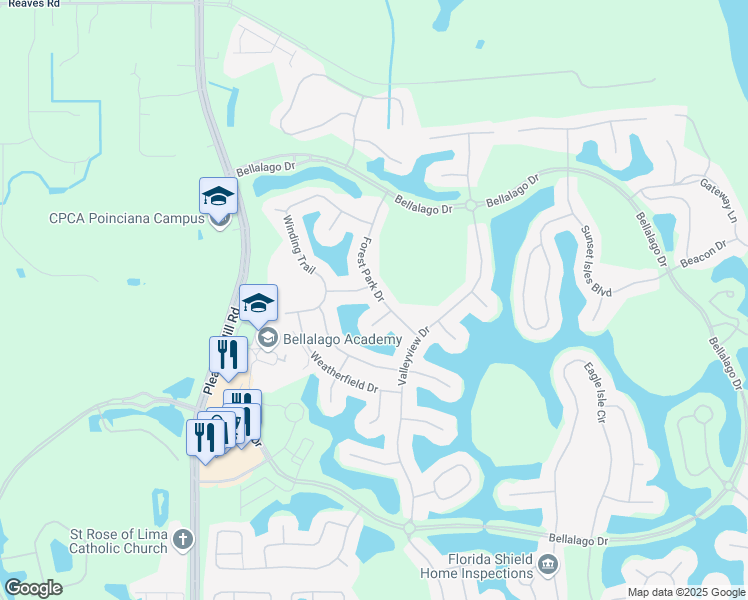 map of restaurants, bars, coffee shops, grocery stores, and more near 3540 Forest Park Drive in Kissimmee