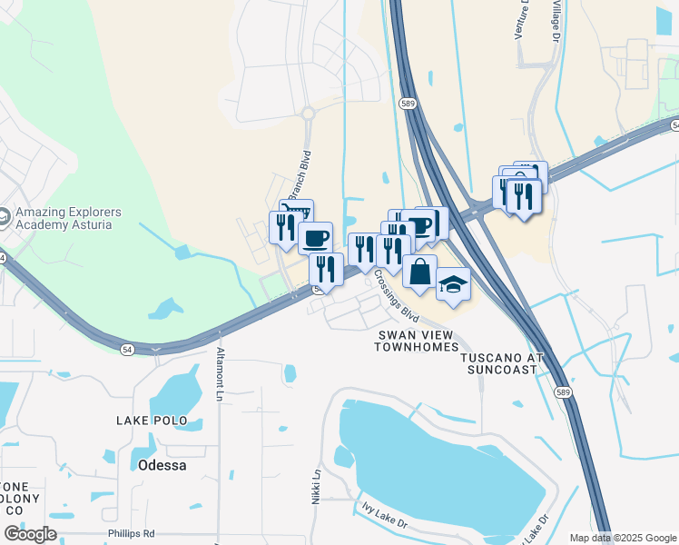 map of restaurants, bars, coffee shops, grocery stores, and more near 16107 Florida 54 in Odessa