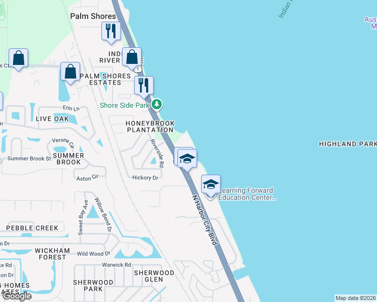 map of restaurants, bars, coffee shops, grocery stores, and more near 4895 North US Highway 1 in Melbourne