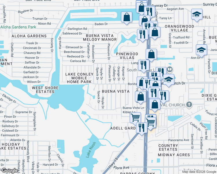 map of restaurants, bars, coffee shops, grocery stores, and more near 1940 Shady Cove Drive in Holiday