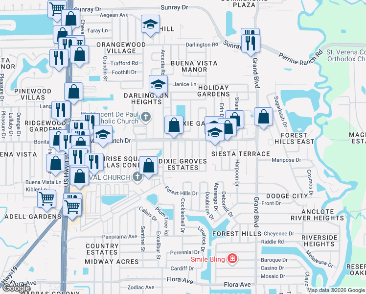 map of restaurants, bars, coffee shops, grocery stores, and more near 1935 Patriot Lane in Holiday