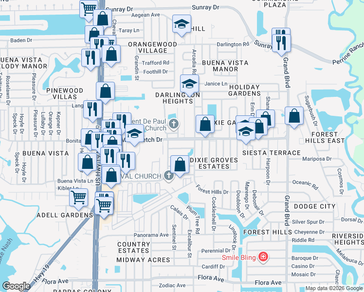 map of restaurants, bars, coffee shops, grocery stores, and more near 4922 County Highway 595 in Holiday