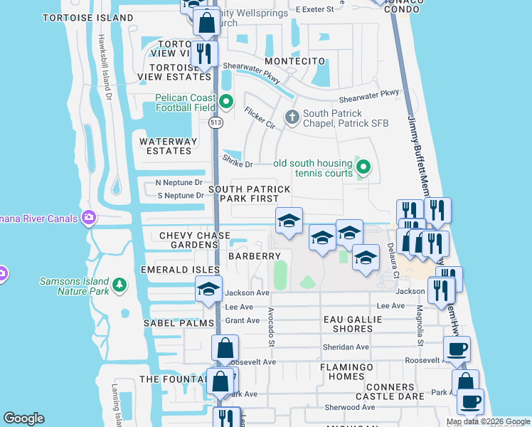 map of restaurants, bars, coffee shops, grocery stores, and more near 116 Bomarc Lane in Satellite Beach