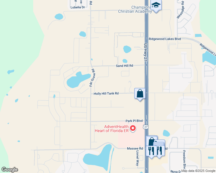 map of restaurants, bars, coffee shops, grocery stores, and more near 2650 Holly Hill Tank Road in Davenport