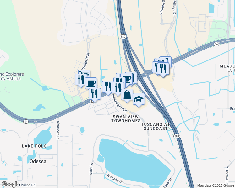 map of restaurants, bars, coffee shops, grocery stores, and more near 16230 Florida 54 in Odessa