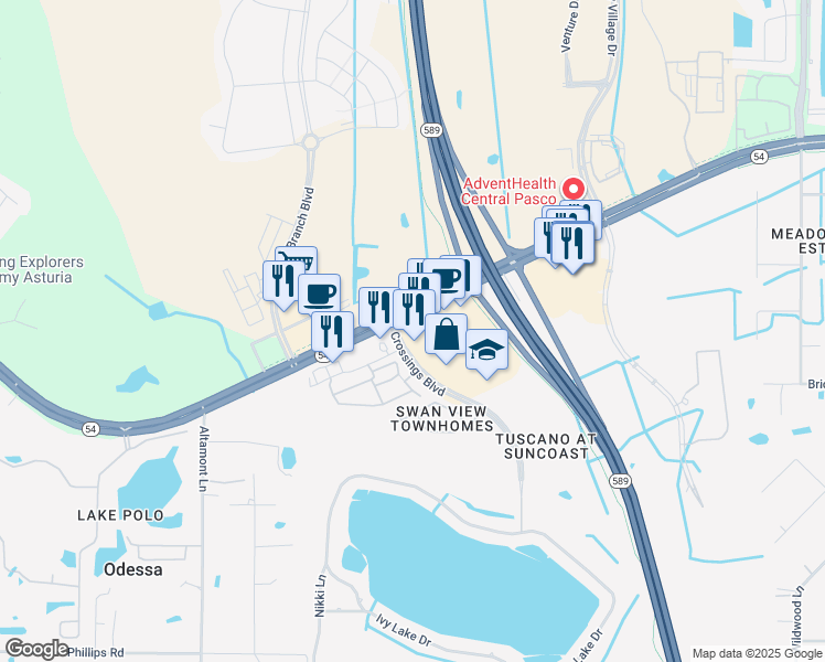 map of restaurants, bars, coffee shops, grocery stores, and more near 16230 Florida 54 in Odessa