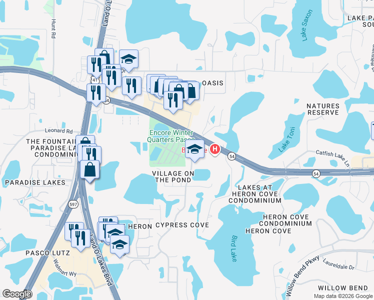 map of restaurants, bars, coffee shops, grocery stores, and more near 2047 Osprey Lane in Lutz