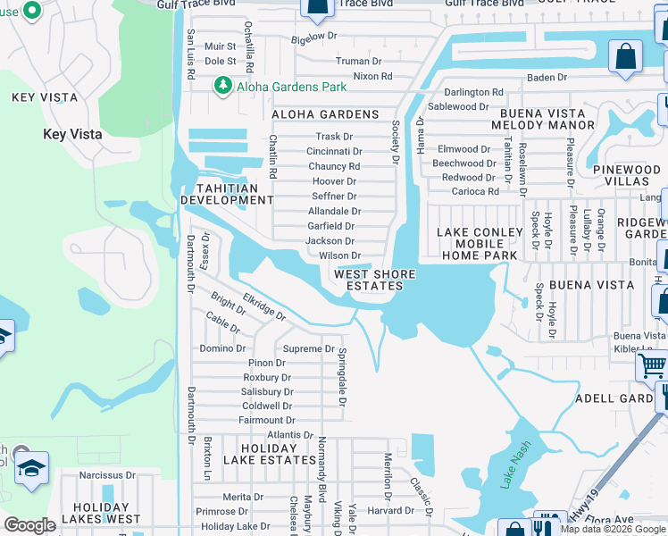 map of restaurants, bars, coffee shops, grocery stores, and more near 3452 Wilson Drive in Holiday