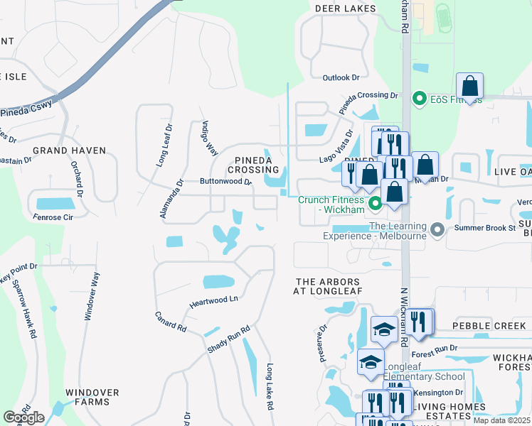 map of restaurants, bars, coffee shops, grocery stores, and more near 4833 Buttonwood Drive in Melbourne