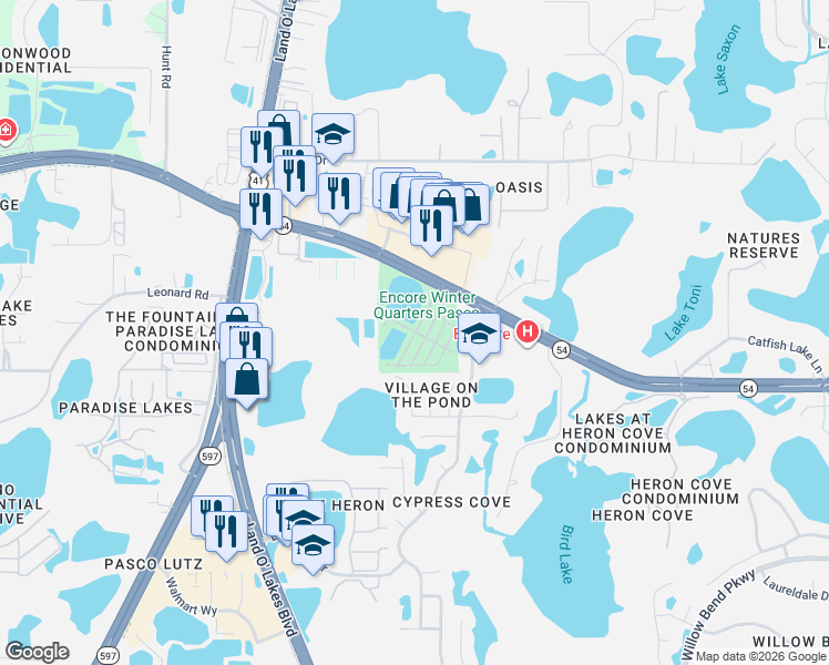 map of restaurants, bars, coffee shops, grocery stores, and more near Trailer Park in Lutz