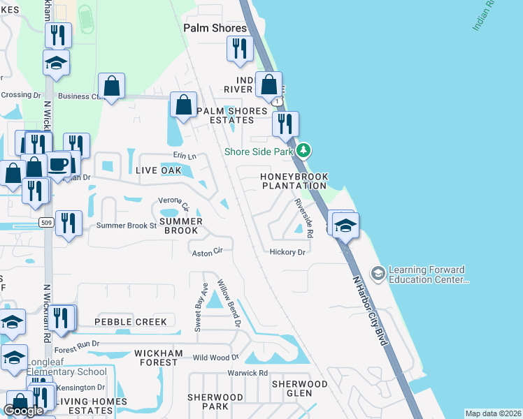 map of restaurants, bars, coffee shops, grocery stores, and more near 4885 Hidden Creek Road in Melbourne