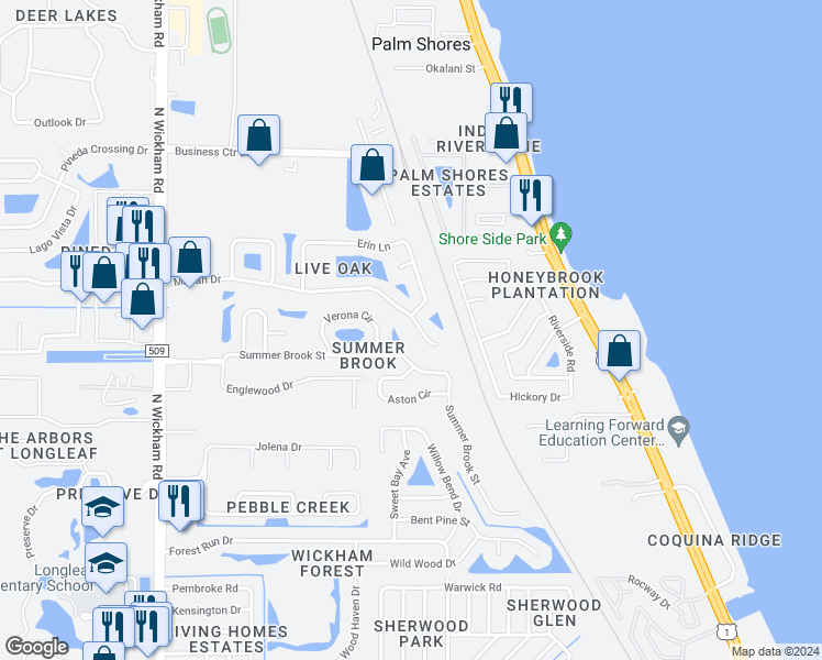 map of restaurants, bars, coffee shops, grocery stores, and more near 2733 Mariah Drive in Melbourne