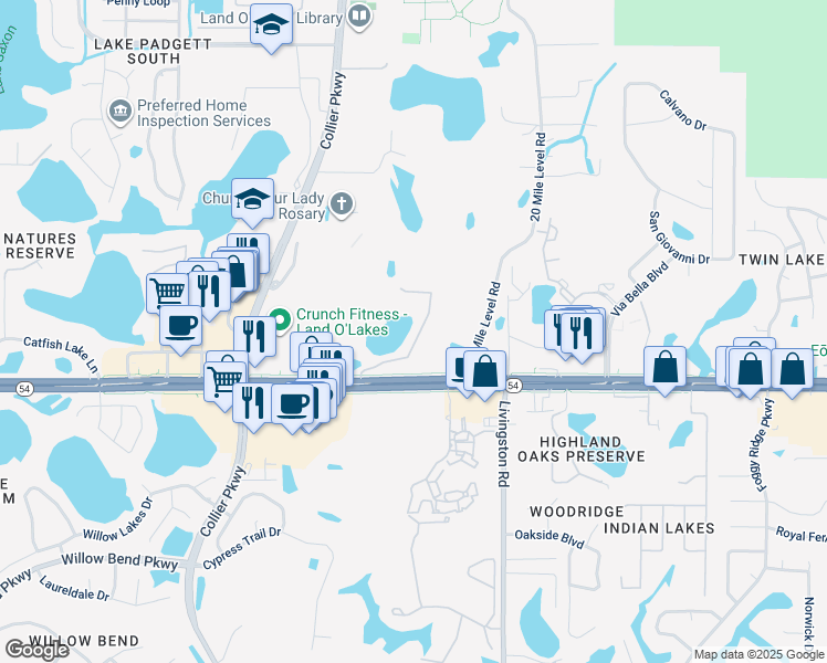map of restaurants, bars, coffee shops, grocery stores, and more near 2117 Park Crescent Drive in Land O' Lakes