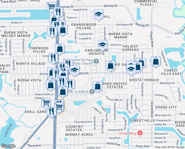 map of restaurants, bars, coffee shops, grocery stores, and more near 4834 Mile Stretch Drive in Holiday