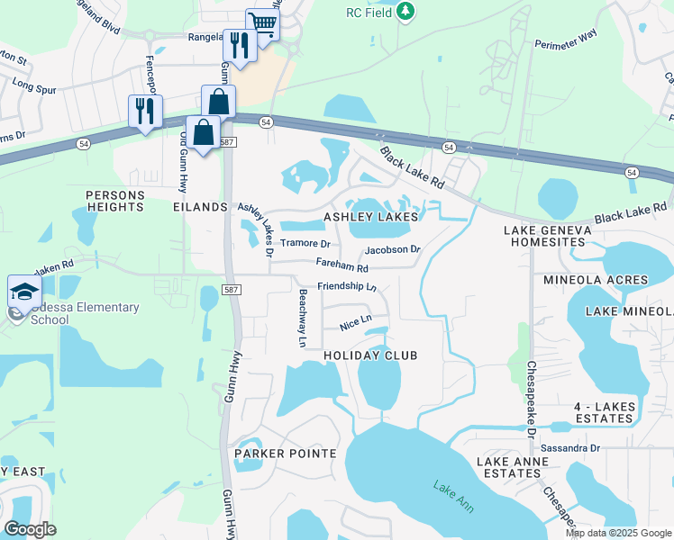 map of restaurants, bars, coffee shops, grocery stores, and more near 13810 Fareham Road in Odessa