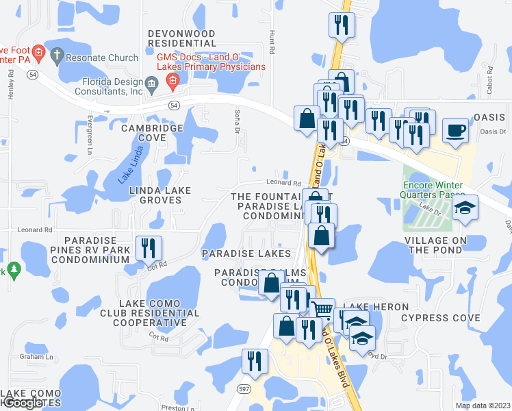 map of restaurants, bars, coffee shops, grocery stores, and more near 2111 Vista Del Sol Circle in Lutz