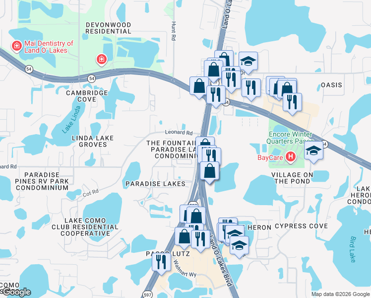 map of restaurants, bars, coffee shops, grocery stores, and more near 2007 Brinson Road in Lutz