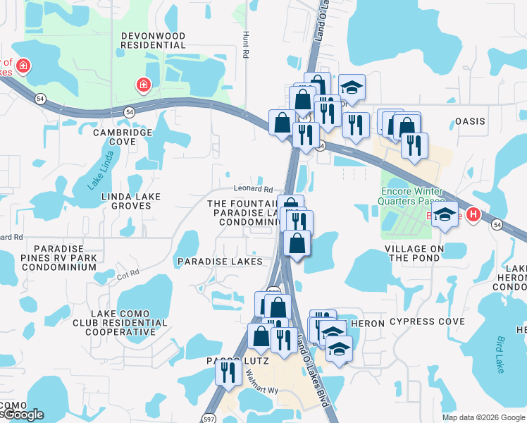 map of restaurants, bars, coffee shops, grocery stores, and more near 2007 Brinson Road in Lutz