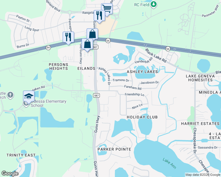 map of restaurants, bars, coffee shops, grocery stores, and more near 13618 Fareham Road in Odessa