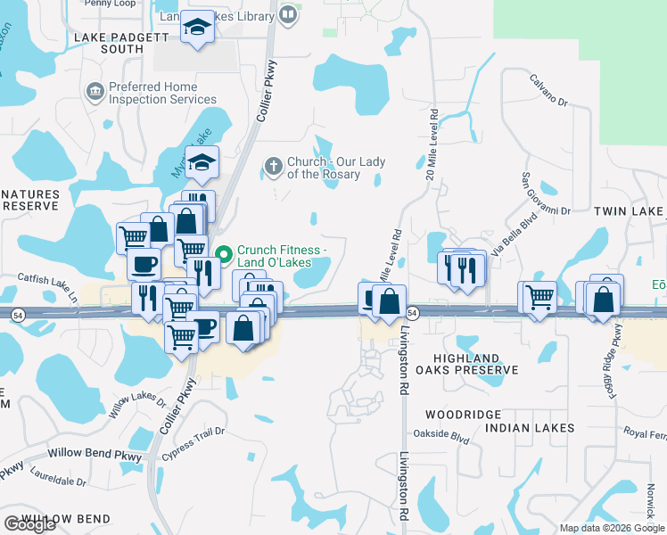 map of restaurants, bars, coffee shops, grocery stores, and more near 2121 Park Crescent Drive in Land O' Lakes