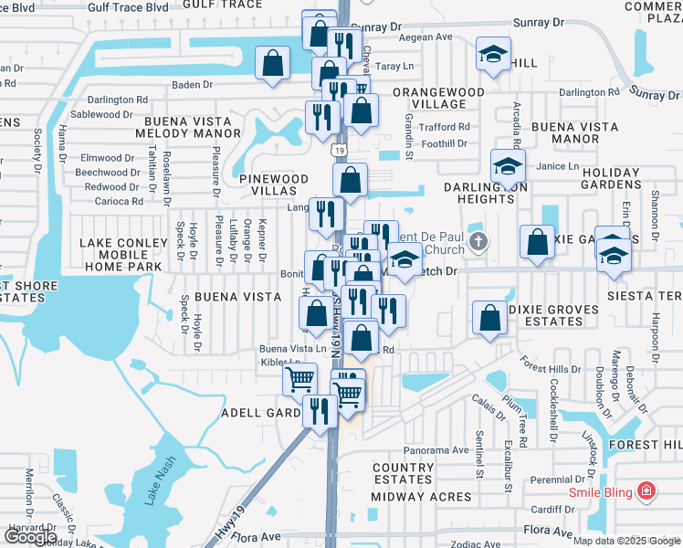 map of restaurants, bars, coffee shops, grocery stores, and more near U.S. 19 & Mile Stretch Drive in Holiday