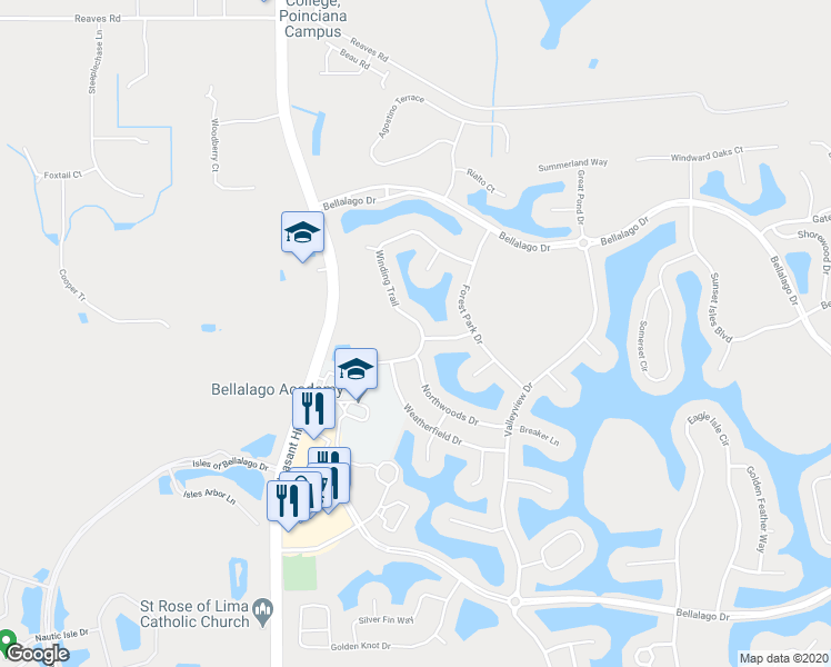map of restaurants, bars, coffee shops, grocery stores, and more near 3251 Winding Trail in Kissimmee
