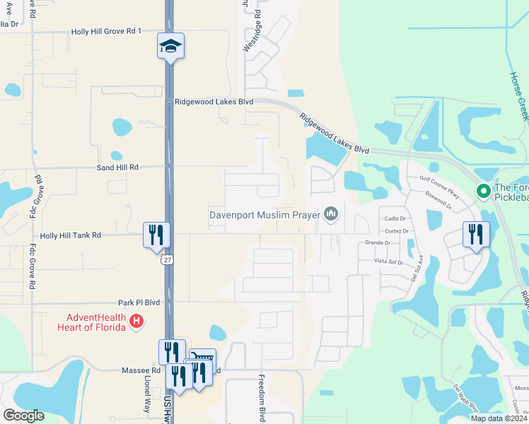 map of restaurants, bars, coffee shops, grocery stores, and more near 2008 Florida Development Road in Davenport
