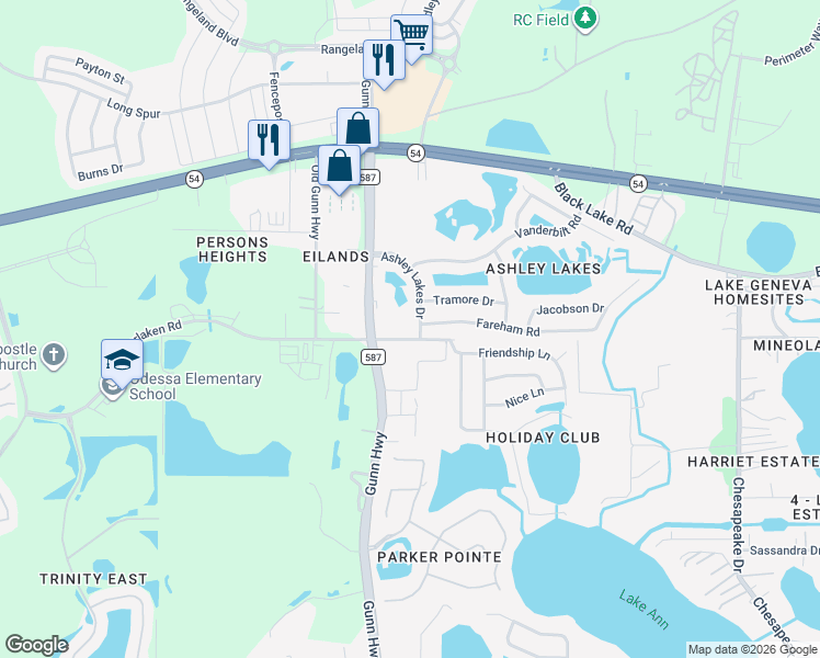 map of restaurants, bars, coffee shops, grocery stores, and more near 13618 Fareham Road in Odessa
