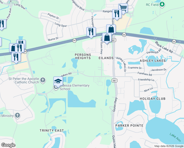 map of restaurants, bars, coffee shops, grocery stores, and more near 13249 Interlaken Road in Odessa