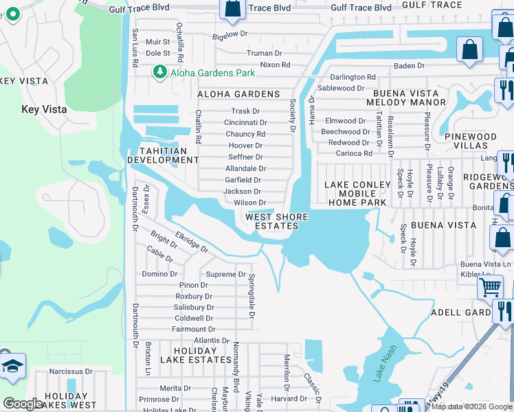 map of restaurants, bars, coffee shops, grocery stores, and more near 3452 Wilson Drive in Holiday