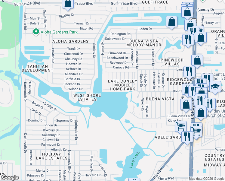 map of restaurants, bars, coffee shops, grocery stores, and more near 3744 Bywater Drive in Holiday