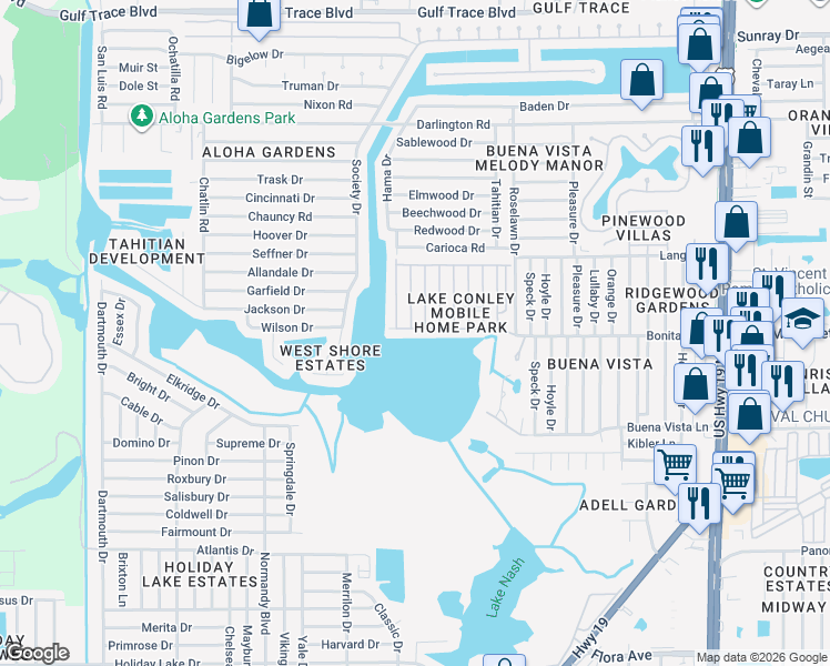 map of restaurants, bars, coffee shops, grocery stores, and more near 3734 Bywater Drive in Holiday