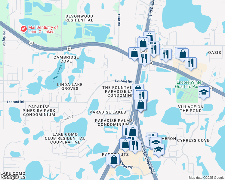 map of restaurants, bars, coffee shops, grocery stores, and more near 2111 Vista Del Sol Circle in Lutz