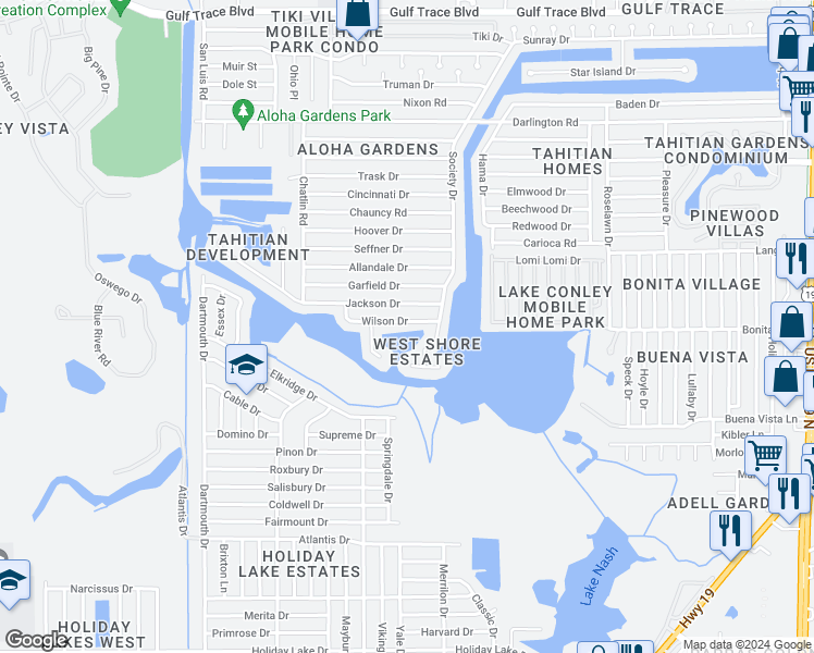map of restaurants, bars, coffee shops, grocery stores, and more near 3452 Wilson Drive in Holiday