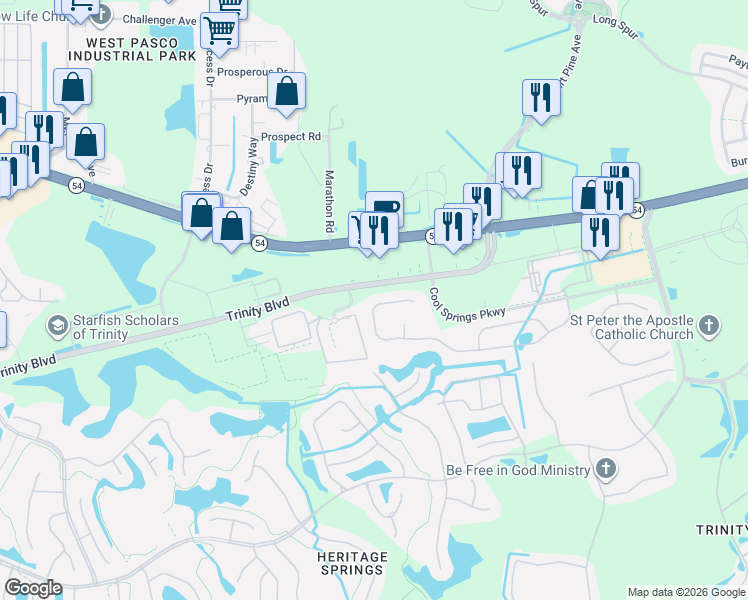 map of restaurants, bars, coffee shops, grocery stores, and more near 11714 Lake Boulevard in New Port Richey
