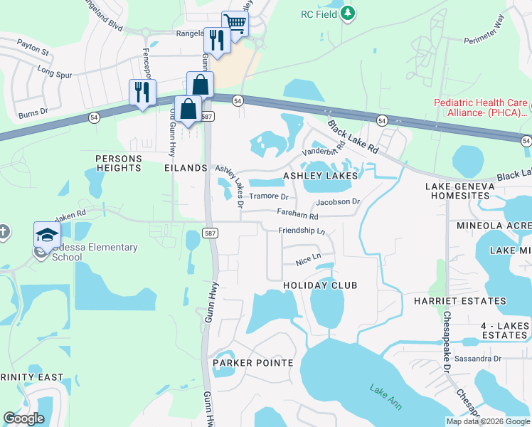 map of restaurants, bars, coffee shops, grocery stores, and more near 13718 Fareham Road in Odessa